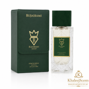 Bujairami Ibiza Extrait de Parfum 100ml bottle and box, a unisex tropical citrus coconut perfume sold in the UK