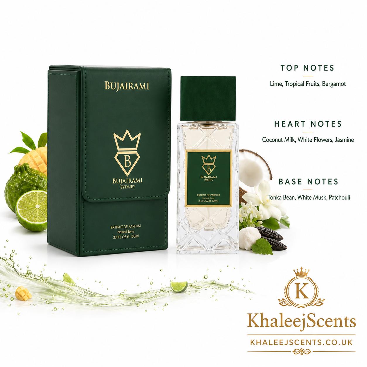 Bujairami Ibiza fragrance notes pyramid: lime, tropical fruits and bergamot top, coconut milk, white flowers and jasmine heart, patchouli, white musk and tonka bean base
