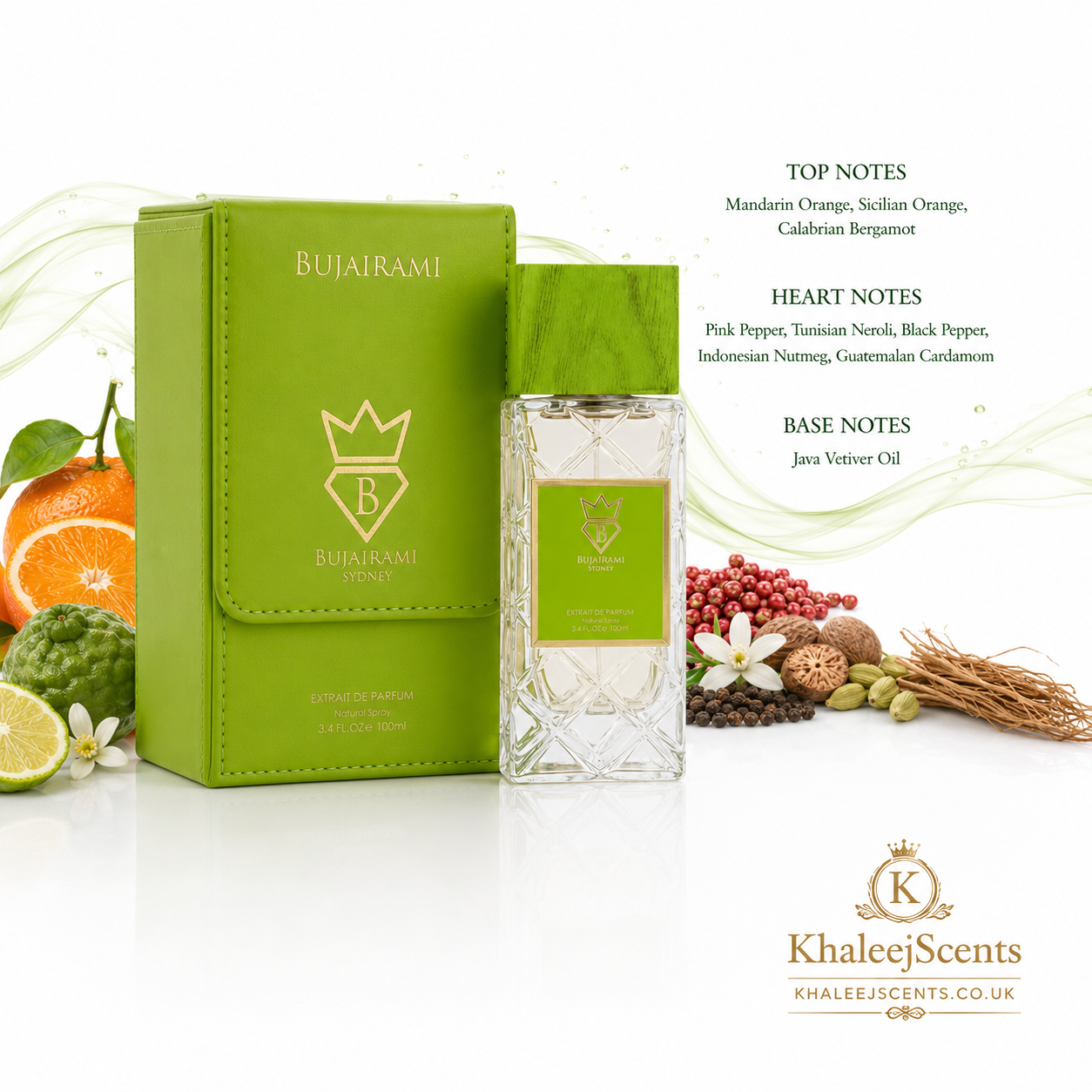 Bujairami Rizz fragrance notes pyramid: mandarin, Sicilian orange and Calabrian bergamot top, pink pepper, cardamom, nutmeg and neroli heart, Java vetiver base