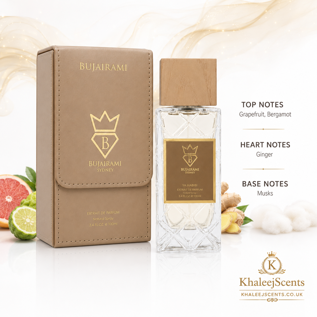 Bujairami Ya Habibi fragrance notes pyramid: mandarin and cinnamon top, white incense and white pepper heart, amber, oud, ambergris and labdanum base