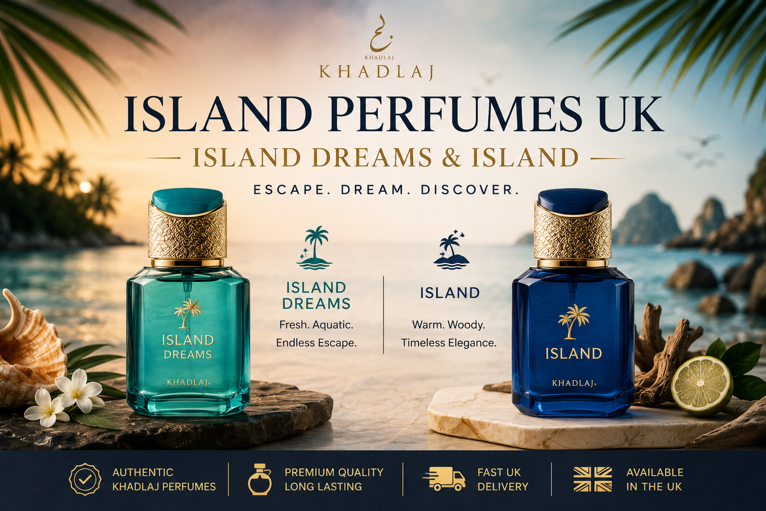 The Khadlaj Island perfume family: Island and Island Dreams bottles