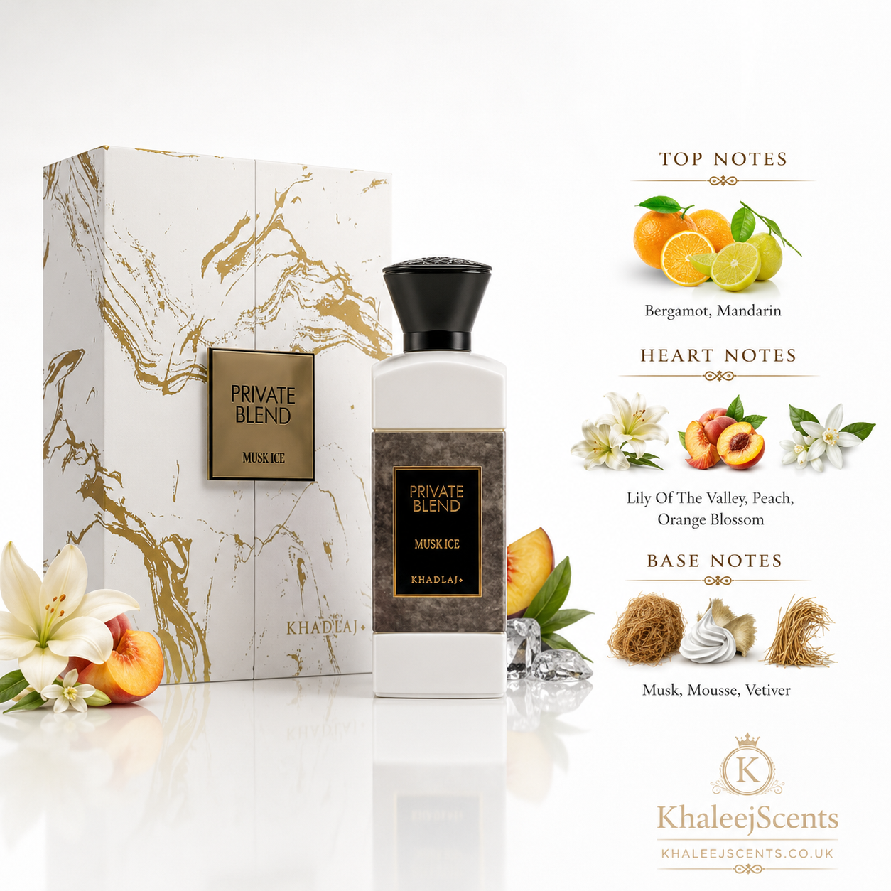 Khadlaj Musk Ice Extrait de Parfum 100ml Bergamot Peach - Image 3