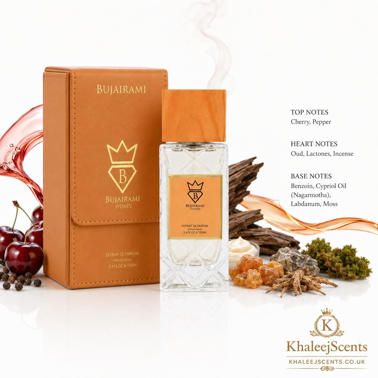 Bujairami Roselle fragrance notes pyramid: cherry and pepper top, oud, lactones and incense heart, benzoin, cypriol, labdanum and moss base