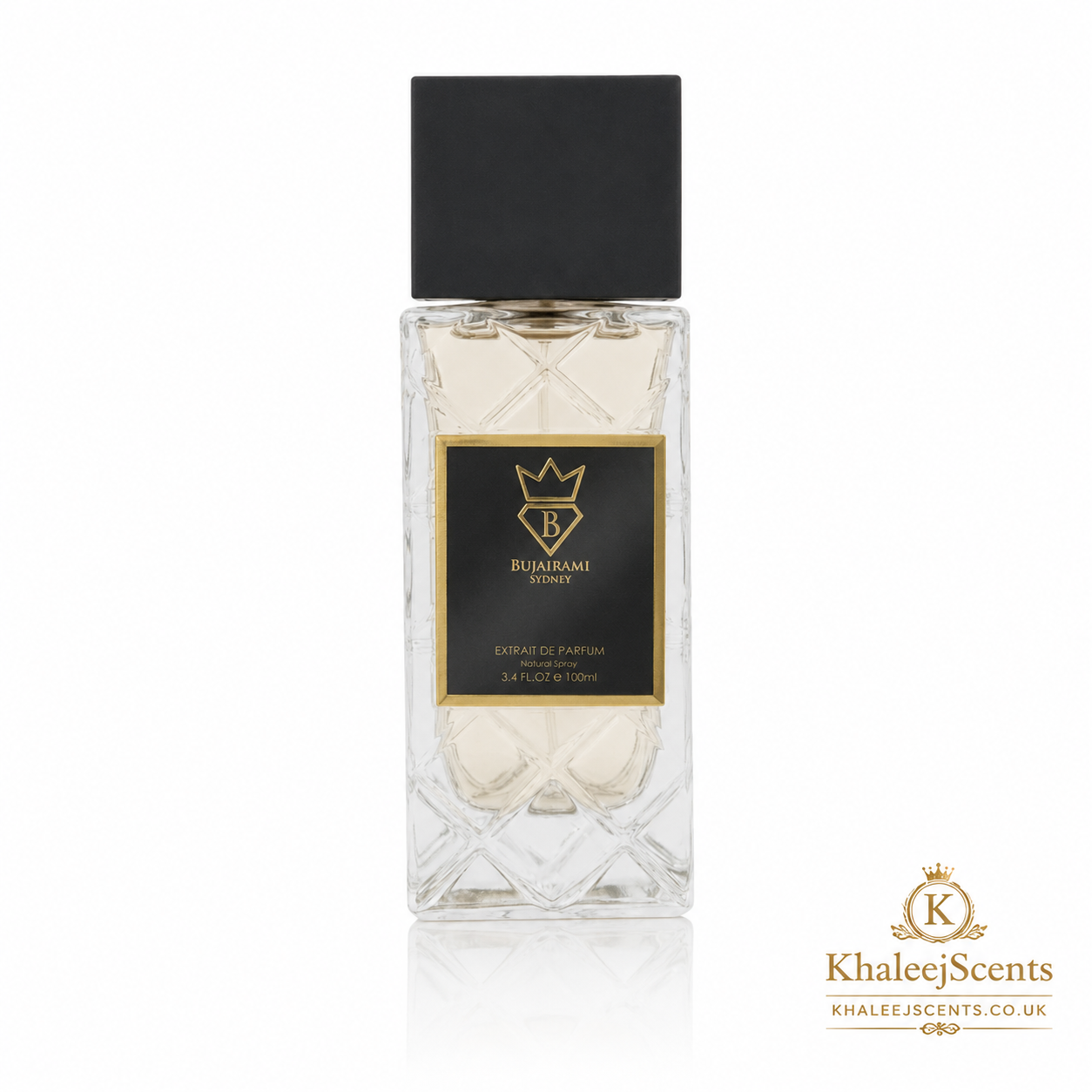 Bujairami Shadow Script Extrait de Parfum 100ml bottle, a unisex smoky incense and suede perfume sold in the UK