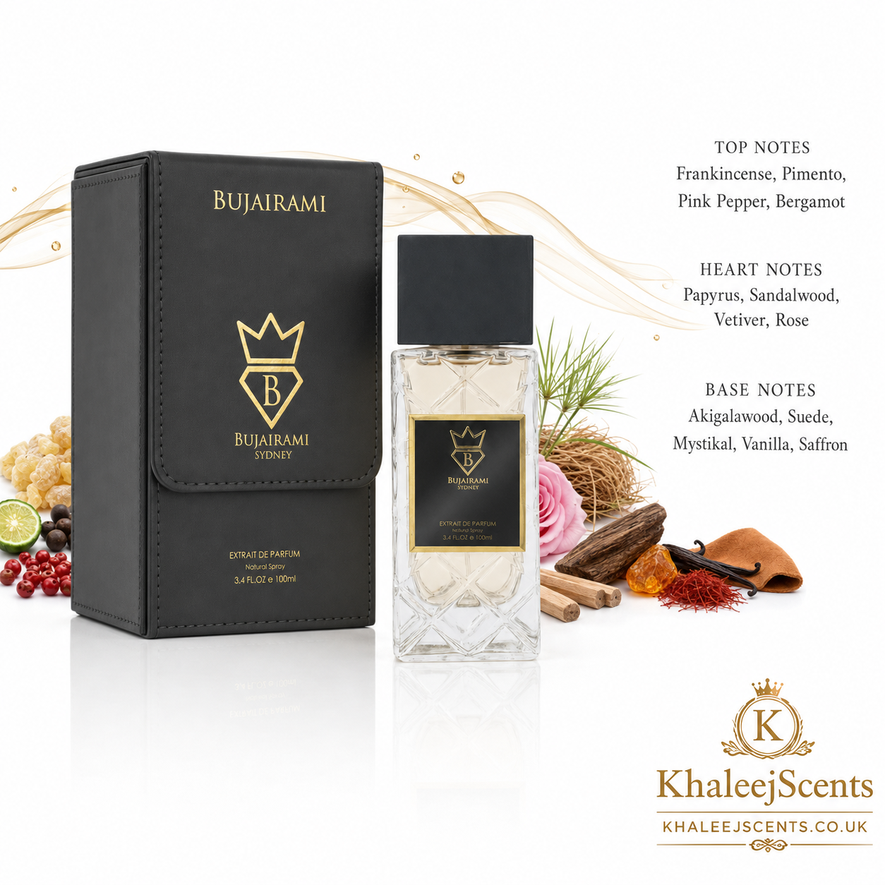 Bujairami Shadow Script fragrance notes pyramid: frankincense, pimento, pink pepper and bergamot top, papyrus, sandalwood, vetiver and rose heart, akigalawood, suede, vanilla and saffron base