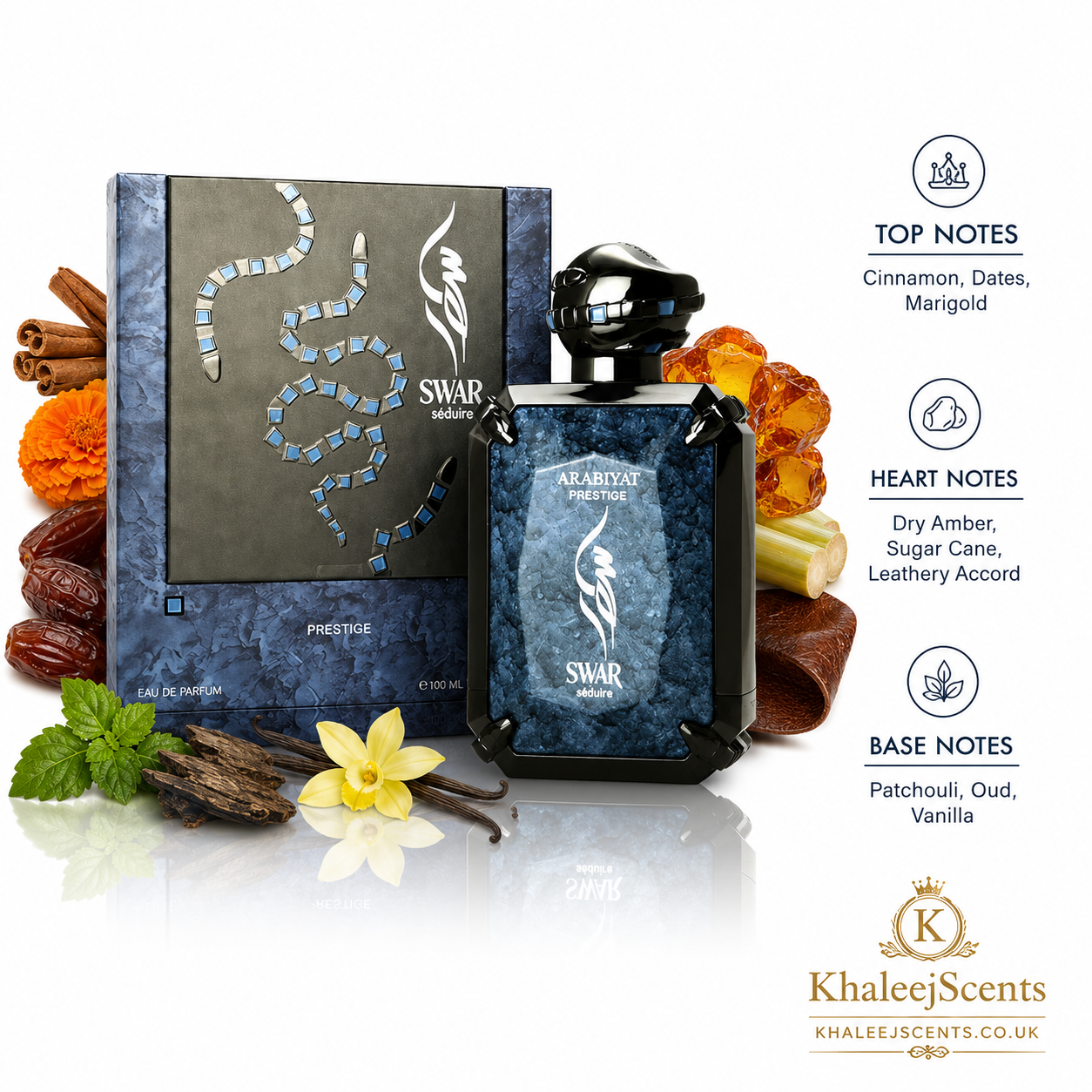 Swar Seduire fragrance notes pyramid: cinnamon, dates and marigold top, leather, dry amber and sugar cane heart, vanilla, patchouli and oud base