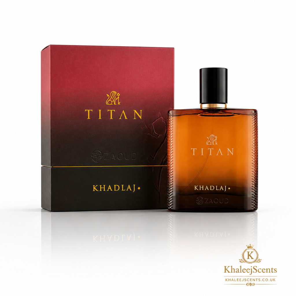 Khadlaj Titan Eau de Parfum 100ml, a woody oriental men's perfume with pink pepper, suede and warm amber, sold in the UK