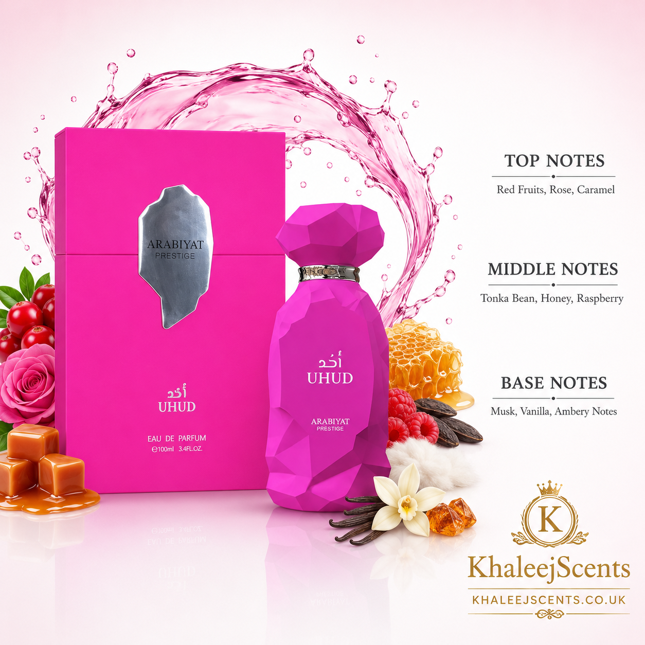 Uhud fragrance notes pyramid: caramel, red fruits and rose top, honey, raspberry and tonka heart, vanilla, white musk and amber base