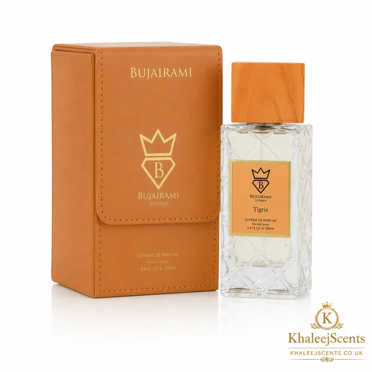 Bujairami Tigris Extrait de Parfum 100ml bottle and box, a unisex citrus woody musk perfume sold in the UK