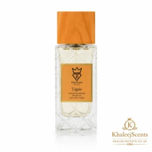 Bujairami Tigris Extrait de Parfum 100ml bottle, a clean grapefruit and vetiver perfume inspired by Bvlgari Le Gemme Tygar