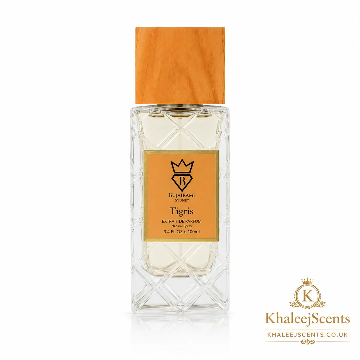 Bujairami Tigris Extrait de Parfum 100ml bottle, a clean grapefruit and vetiver perfume inspired by Bvlgari Le Gemme Tygar