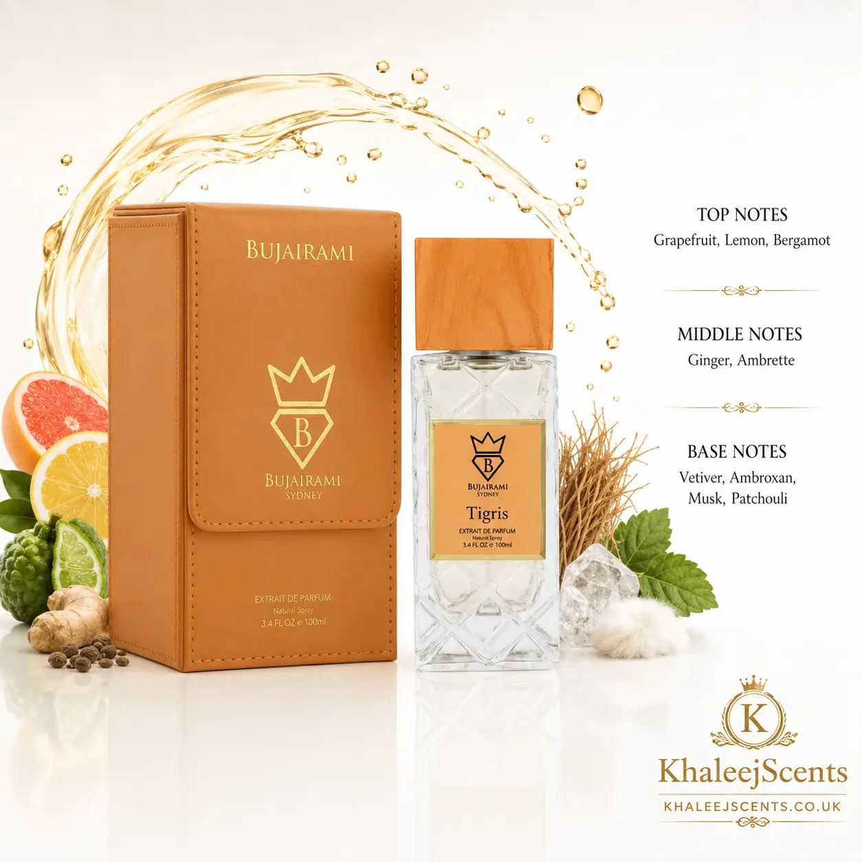 Bujairami Tigris fragrance notes pyramid: bergamot, lemon and grapefruit top, ginger and ambrette heart, ambroxan, musk, patchouli and vetiver base